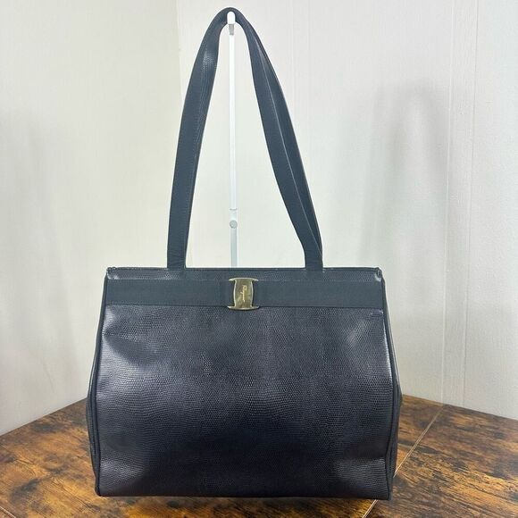 Salvatore Ferragamo Vara Lizard Embossed Vintage Tote Bag Black - Picture 1 of 16